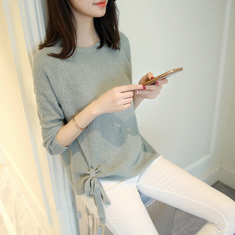 Plus Size / Gray Sexy Girl Crew Neck Side Bandage Loose Thin Spring Knitted Acrylic Jumper Sweater