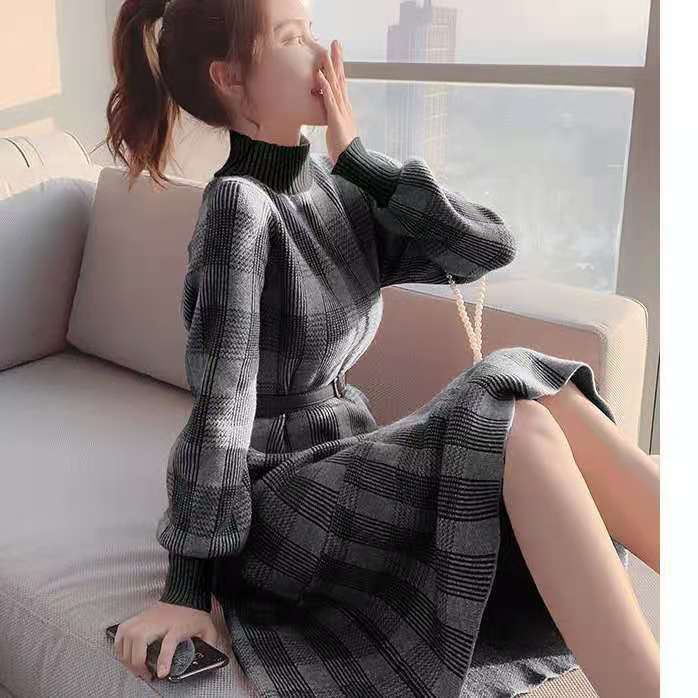 Plus Size / Gray Sweaters Knit Knitted For Womens V Wholesale Korea Style Round Neck Plus Size Loose Women Patchwork Stripe Women Sweater Dress