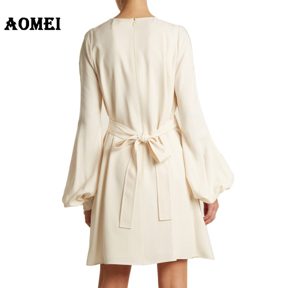Plus Size High Waist Sashes Puff Sleeves Office Girl Career Dress