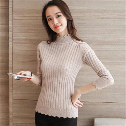 Plus Size / Khaki Hot Sale Korean Style High Neck Slim Fit Girls Spring Thin Sweater