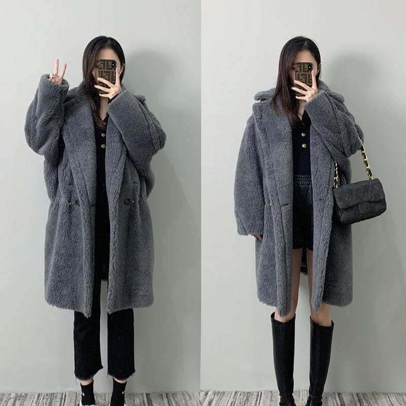Plus Size Long Lamb Fur Long Jacket Winter Genuine Teddy Bear Fur Coat for Women