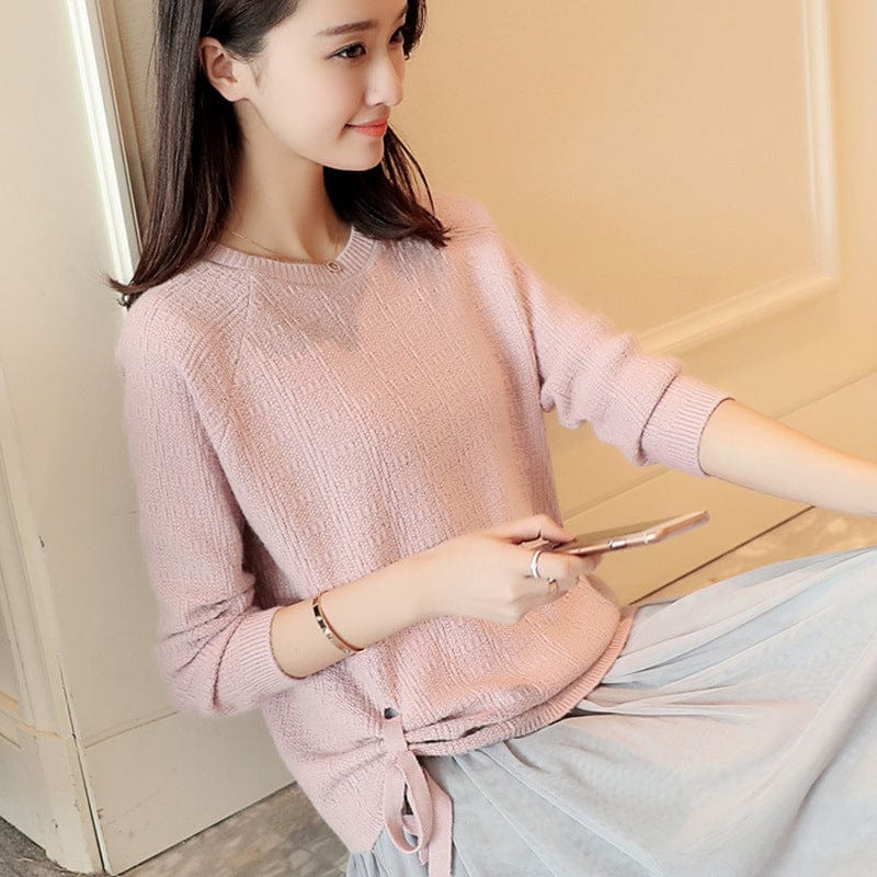 Plus Size / Pink Sexy Girl Crew Neck Side Bandage Loose Thin Spring Knitted Acrylic Jumper Sweater