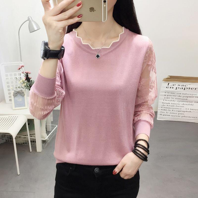Plus Size / Pink Sweaters Knit Knitted For Womens Ladies Woman V Fashionable Women Round Neck Hollow Out Long Sleeve Slim Fit Sexy Sweater