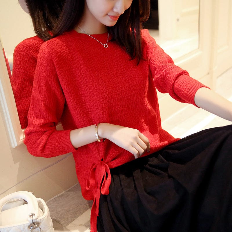 Plus Size / Red Sexy Girl Crew Neck Side Bandage Loose Thin Spring Knitted Acrylic Jumper Sweater