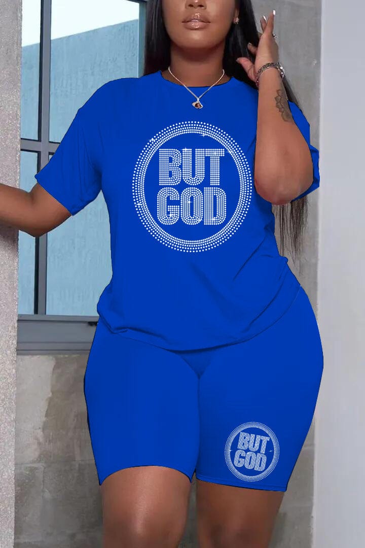 Plus Size Shorts Set Rhinestone Letter Female Polyester Casual Regular Sleeve O Neck Matching Outfits But God Summer Clothings