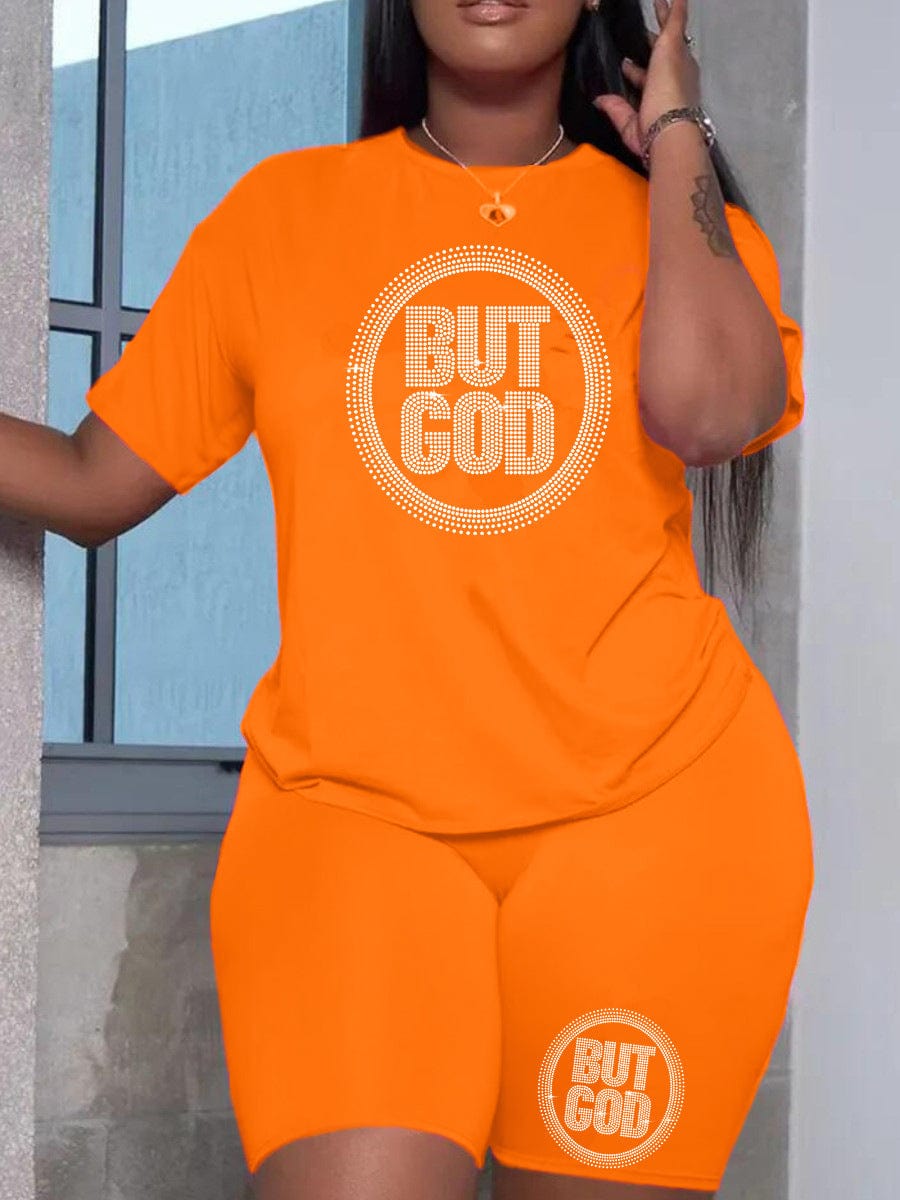 Plus Size Shorts Set Rhinestone Letter Female Polyester Casual Regular Sleeve O Neck Matching Outfits But God Summer Clothings