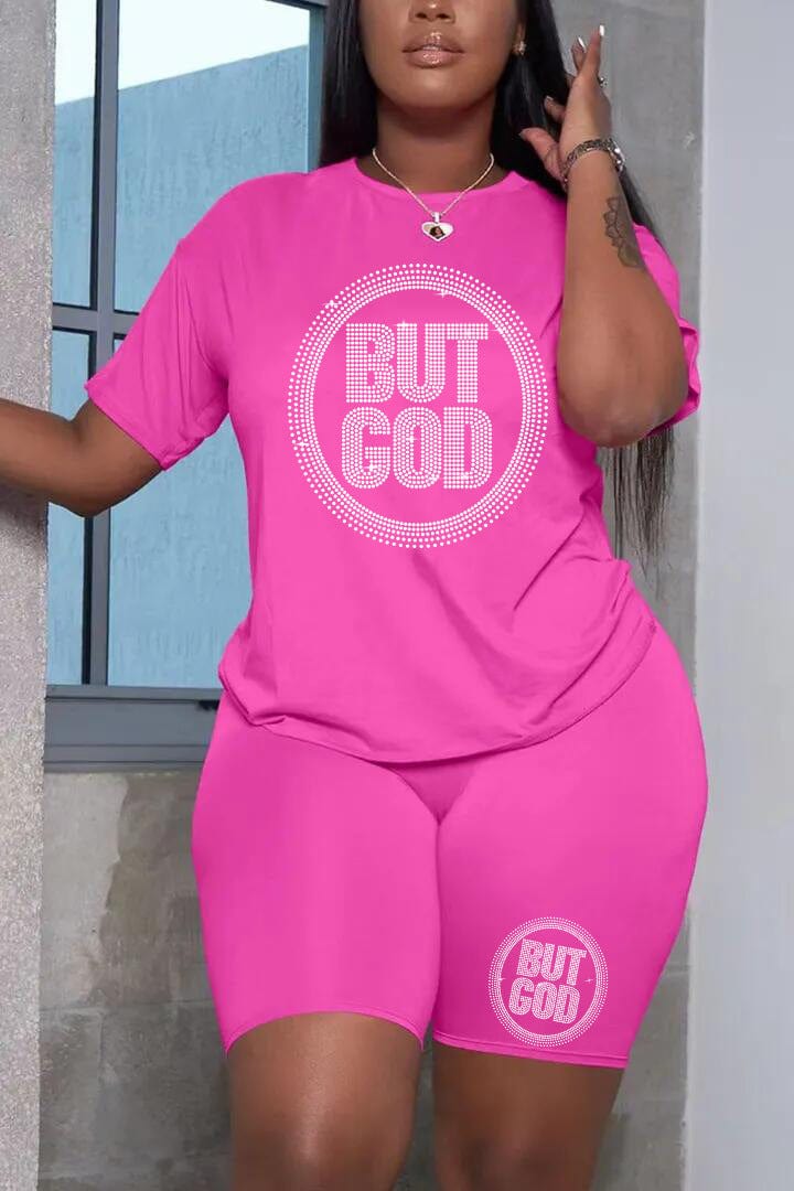 Plus Size Shorts Set  Rhinestone Letter Female Polyester Casual Regular Sleeve O Neck Matching Outfits But God Summer Clothings