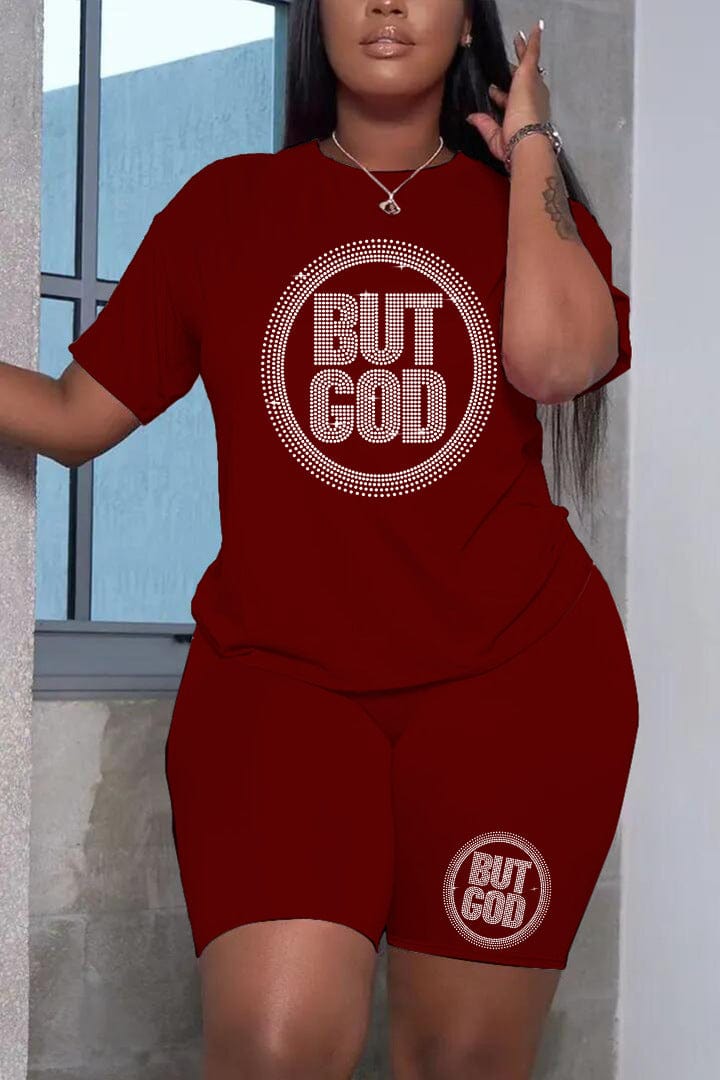 Plus Size Shorts Set Rhinestone Letter Female Polyester Casual Regular Sleeve O Neck Matching Outfits But God Summer Clothings