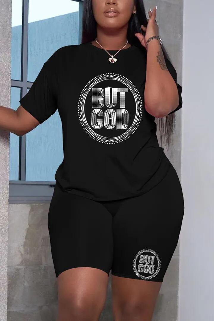 Plus Size Shorts Set Rhinestone Letter Female Polyester Casual Regular Sleeve O Neck Matching Outfits But God Summer Clothings