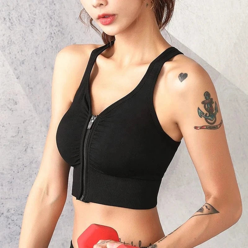 Plus Size Stretch Fit Wireless Sujetador Deportivo Running Workout Front Zipper Yoga Bra Seamless Sports Bra Crop Top For Womens
