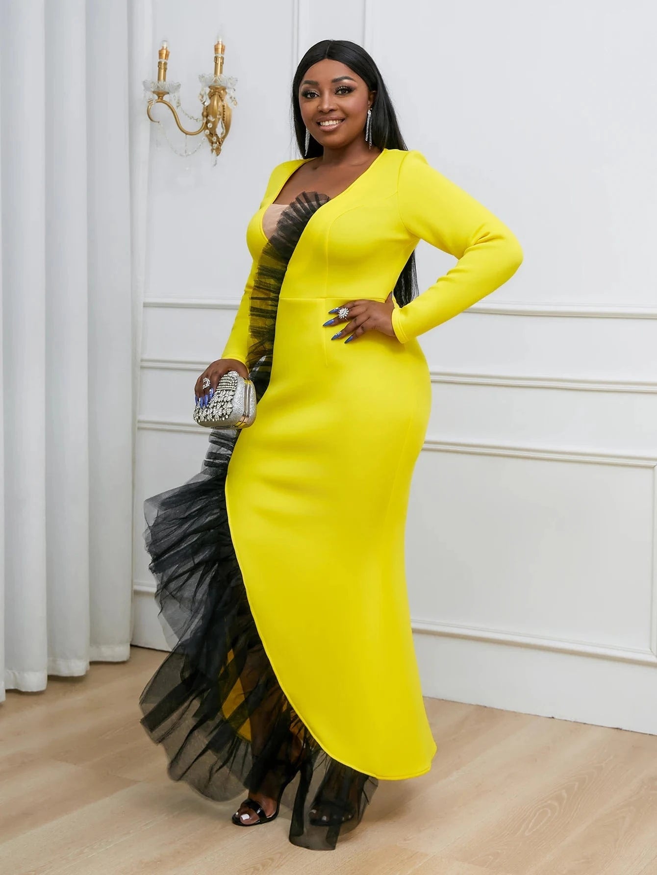 Plus Size V Neck Ruffles Long Sleeves Maxi Fishtail Women Party Gowns
