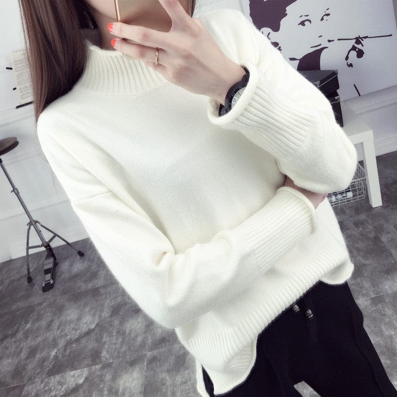 Plus Size / White 2022 Fall Winter New Half High Neck Pullover Sweater Female Korean Version Loose Wild Pure Color Knit Base Shirt