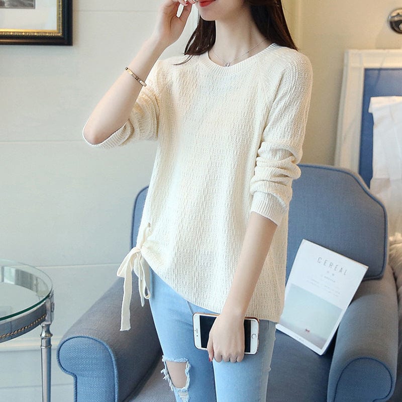 Plus Size / White Sexy Girl Crew Neck Side Bandage Loose Thin Spring Knitted Acrylic Jumper Sweater
