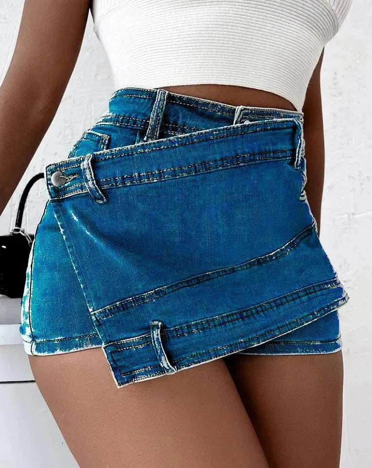 Plus size women's A- line High waist Irregular Wide-leg pants Women's Summer Korean style Slimming Women's Denim shorts
