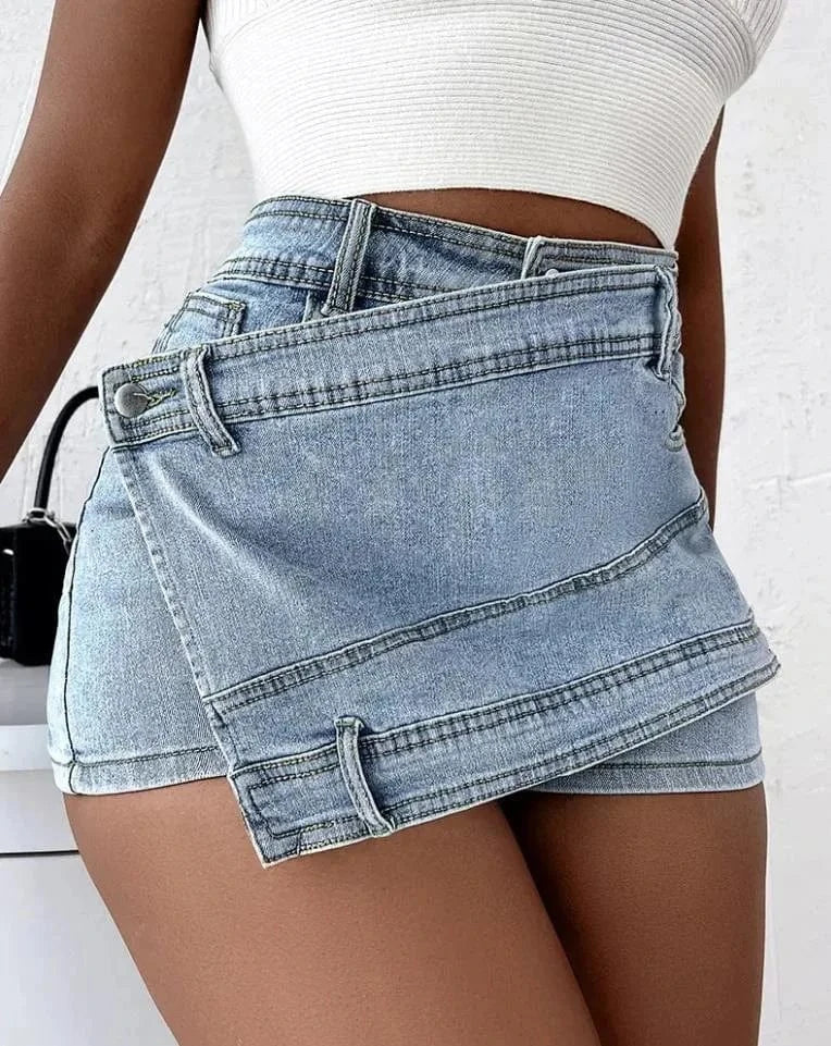 Plus size women's A- line High waist Irregular Wide-leg pants Women's Summer Korean style Slimming Women's Denim shorts