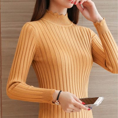 Plus Size / yellowish brown Hot Sale Korean Style High Neck Slim Fit Girls Spring Thin Sweater