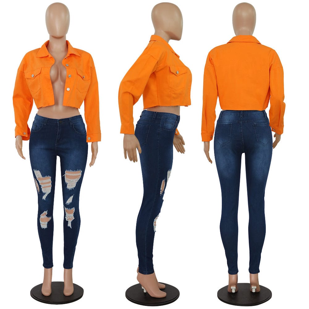 PN-6335 Women'S Jacket Fashion Multicolor Frayed Denim Jacket