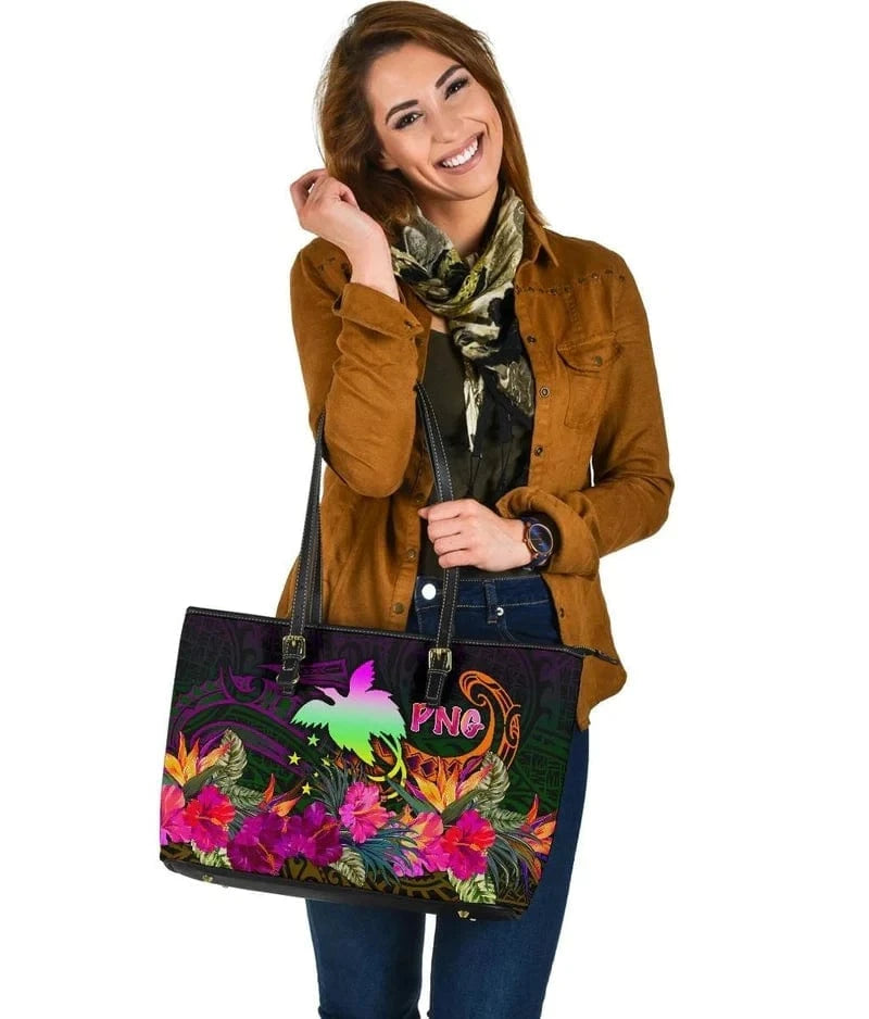 POD Dropshipping Papua New Guinea Large Leather Tote Bag-Summer Hibiscus Shoulder Bag Personalise Logo Women Handbags Big Bag