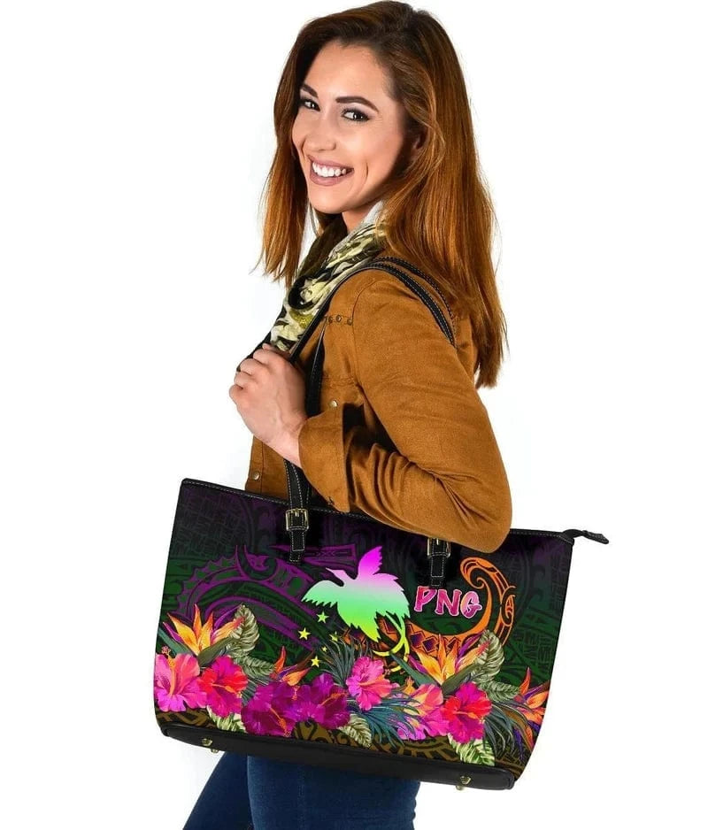 POD Dropshipping Papua New Guinea Large Leather Tote Bag-Summer Hibiscus Shoulder Bag Personalise Logo Women Handbags Big Bag