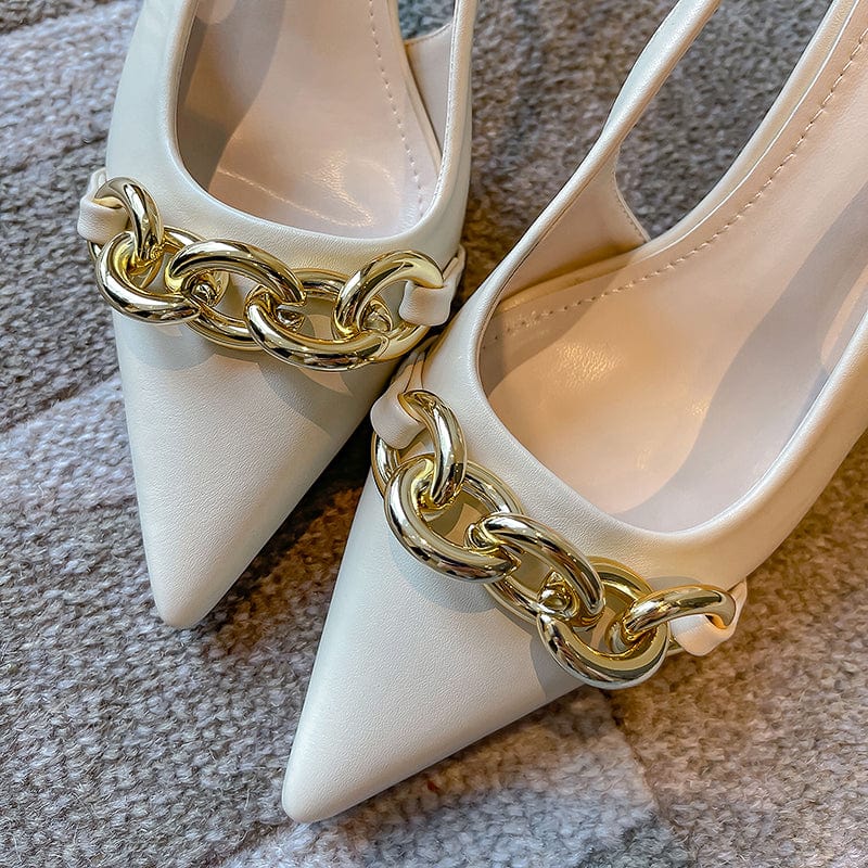 Pointe Toe Shallow PU Metal Decoration Summer 2022 Buckle Strap Pump Slingbacks Sandals Fashion Solid Chain 34-40 Women Shoes