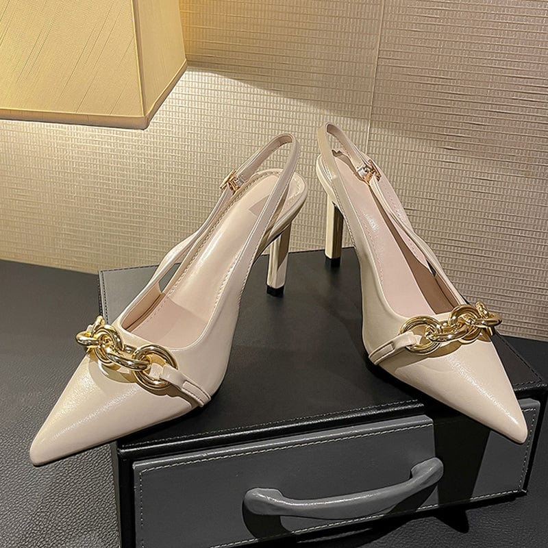 Pointe Toe Shallow PU Metal Decoration Summer 2022 Buckle Strap Pump Slingbacks Sandals Fashion Solid Chain 34-40 Women Shoes