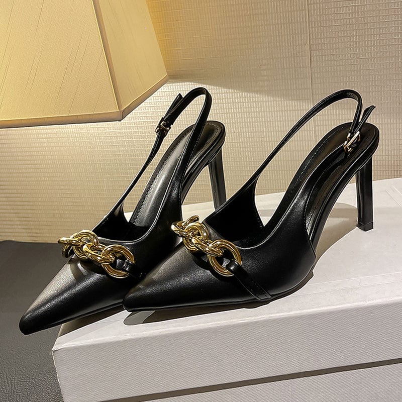 Pointe Toe Shallow PU Metal Decoration Summer 2022 Buckle Strap Pump Slingbacks Sandals Fashion Solid Chain 34-40 Women Shoes