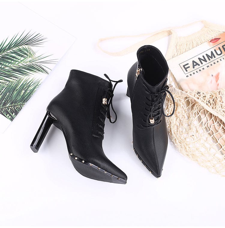 Pointed-toe high-heeled shoes thick-heeled short boots women's 2023 autumn and winter new rivet lace-up all-match Martin boots