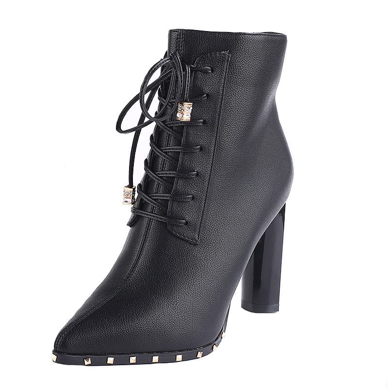 Pointed-toe high-heeled shoes thick-heeled short boots women's 2023 autumn and winter new rivet lace-up all-match Martin boots