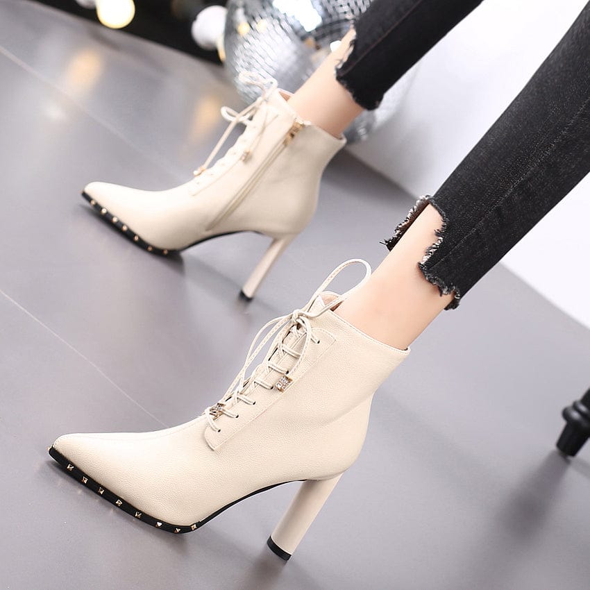 Pointed-toe high-heeled shoes thick-heeled short boots women's 2023 autumn and winter new rivet lace-up all-match Martin boots