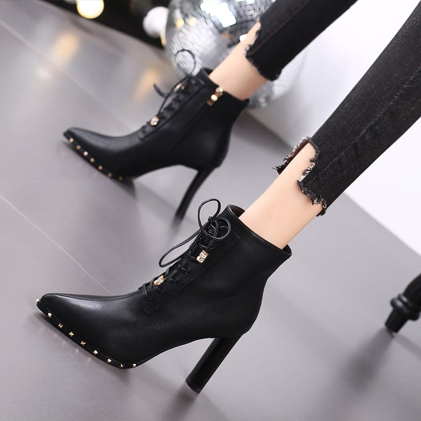 Pointed-toe high-heeled shoes thick-heeled short boots women's 2023 autumn and winter new rivet lace-up all-match Martin boots