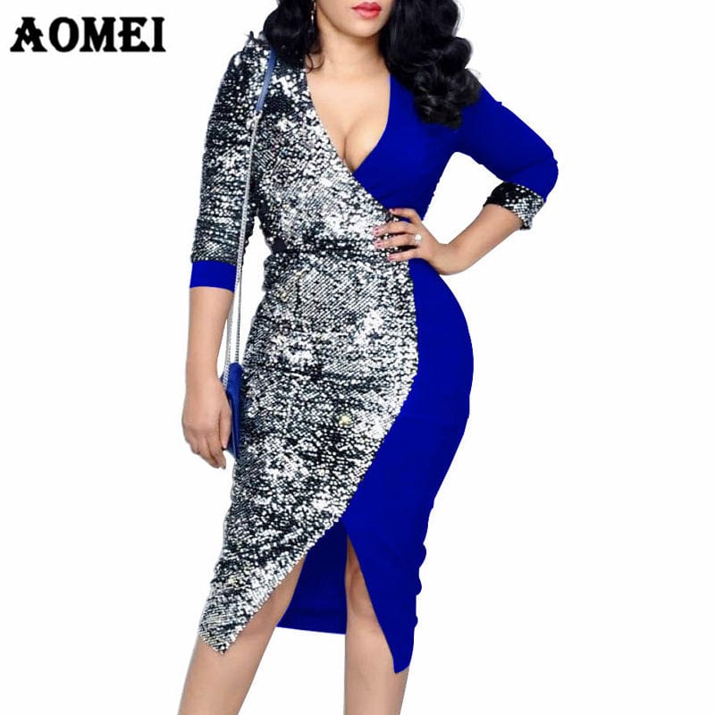 Polyester Patchwork Three Quarter Sleeve Sequined Women Cocktail Dress