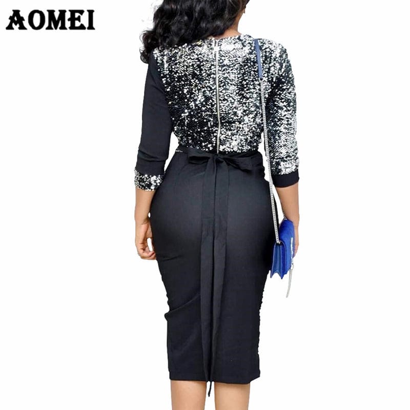 Polyester Patchwork Three Quarter Sleeve Sequined Women Cocktail Dress