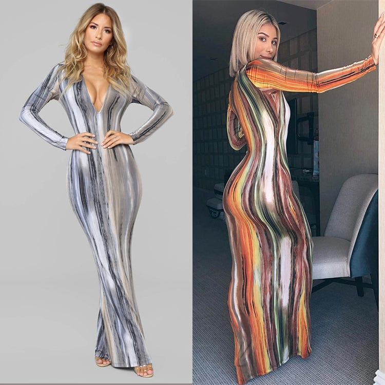 Popular High Quality Spring Autumn Colorful Printed Ladies Party Dresses Long Sleeve Bodycon Casual Maxi Dress for Women
