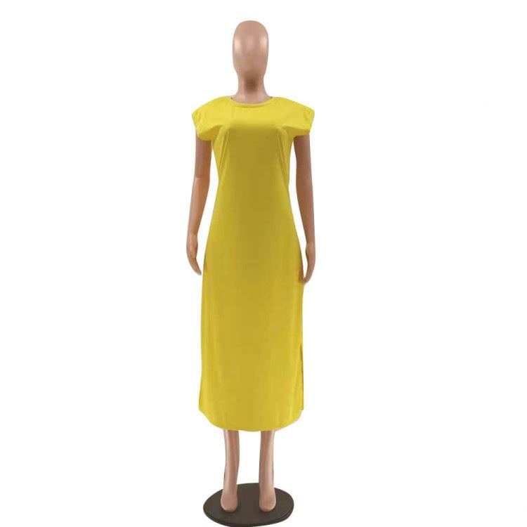 Popular Products Fashion Solid Color Slit Long Dresses Women Casual Round Neck Sleeveless Loose Simple Summer Dress