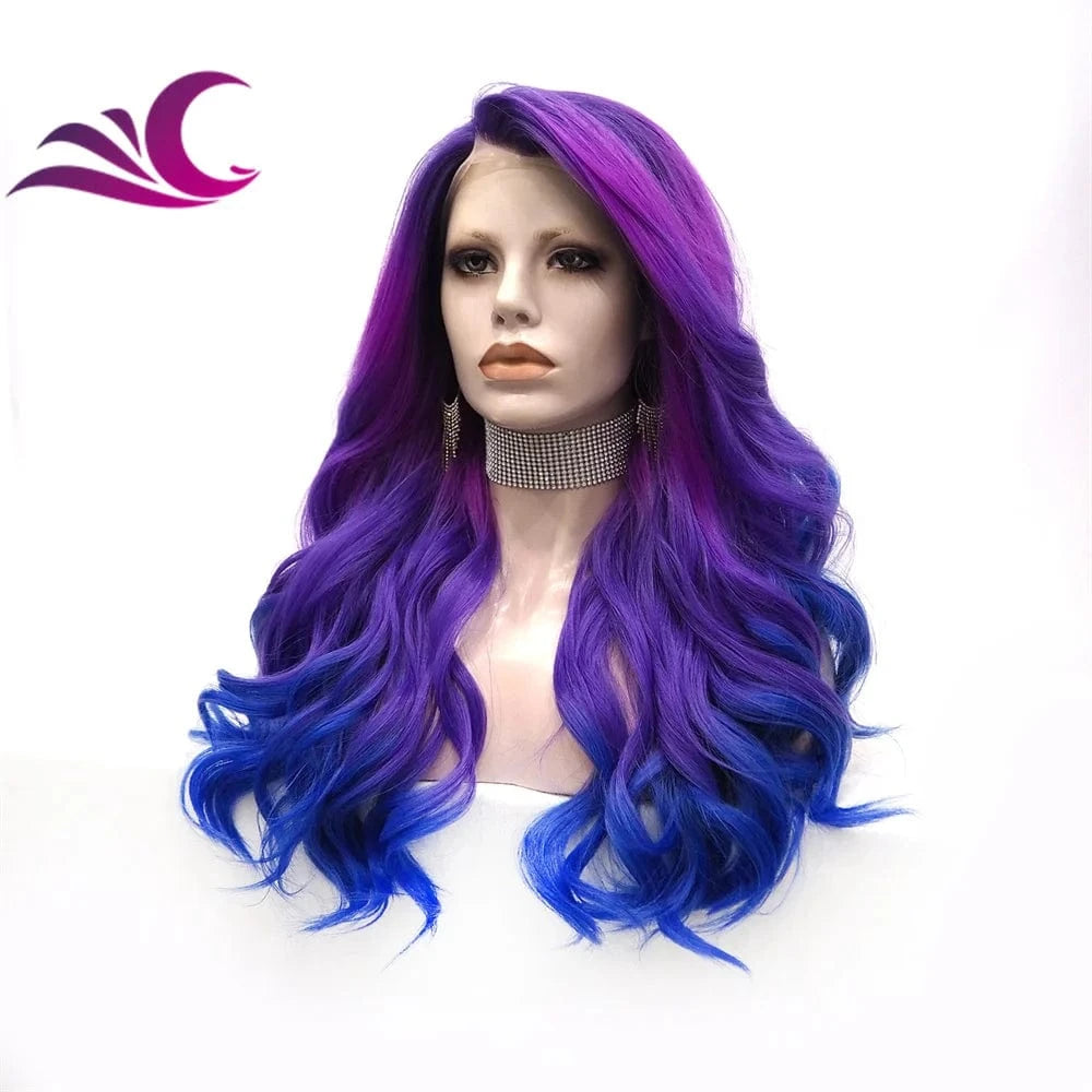 Pre-Plucked Colored Wig Ombre Blue Purple Color Heat Resistant Premium Fiber Futura Colorful Synthetic Hair Wigs
