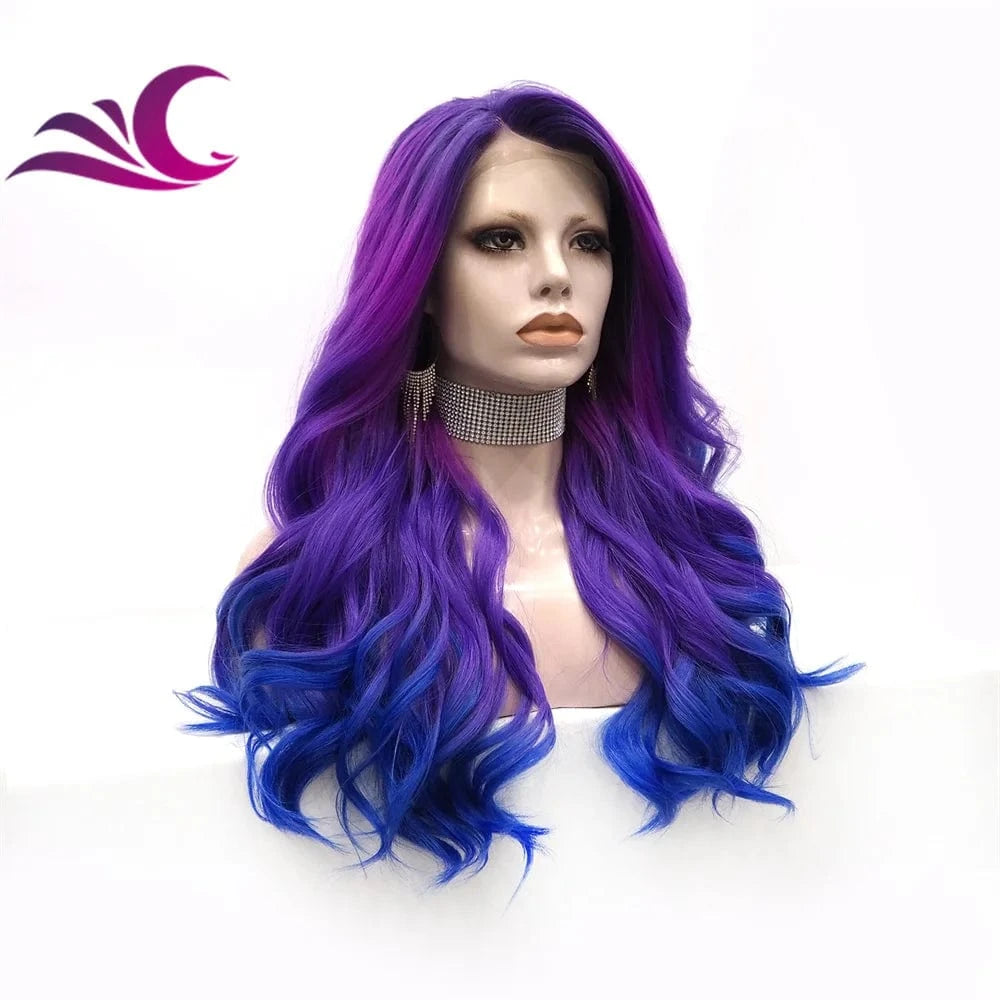 Pre-Plucked Colored Wig Ombre Blue Purple Color Heat Resistant Premium Fiber Futura Colorful Synthetic Hair Wigs