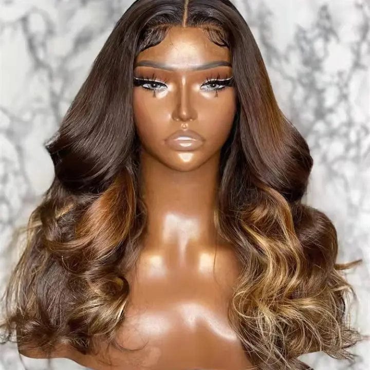 Pre Plucked Highlight Brown Color Loose Wave Burmese Raw Hair Lace Closure Wigs for Black Women