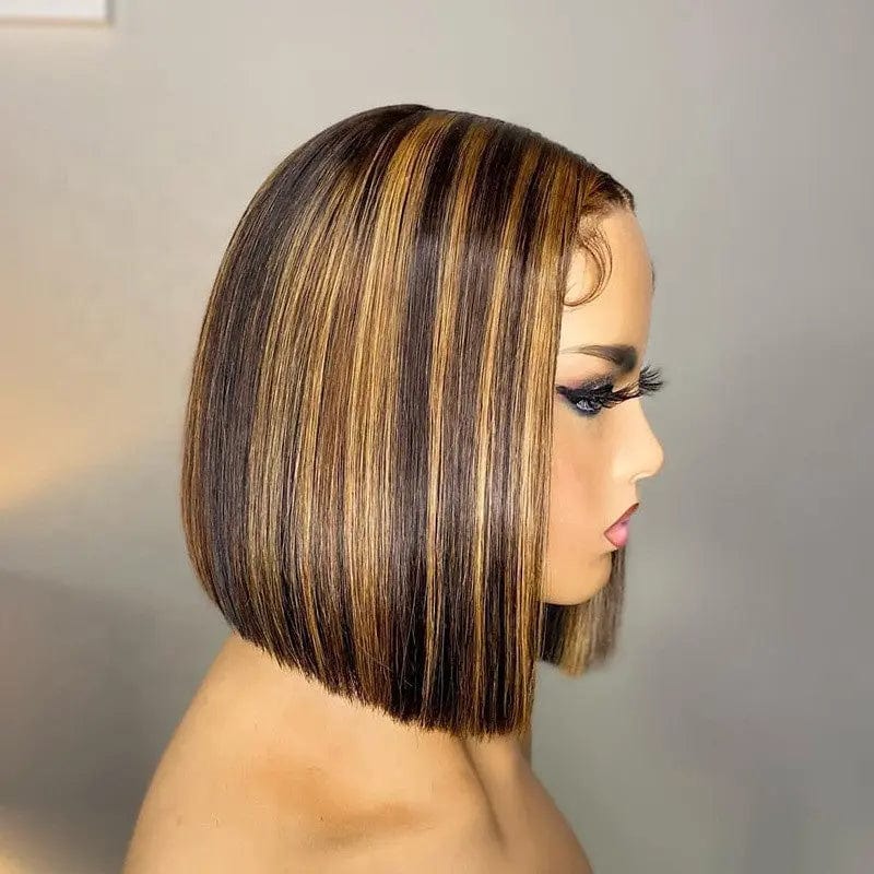Pre Plucked Short Bob Wig Brown Black Highlight Color Cut Pixie Cuticle Aligned Virgin Hair Lace Front Wigs