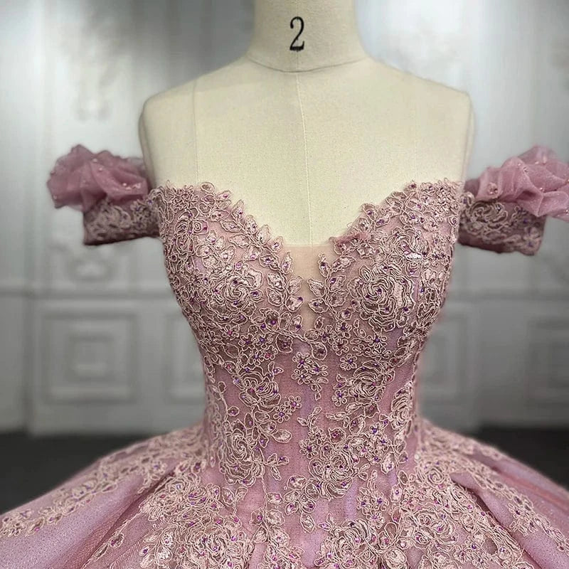 Princess Pink Off Shoulder Lace Plus Size Prom Bridal Evening Dresses Jancember 9932-1