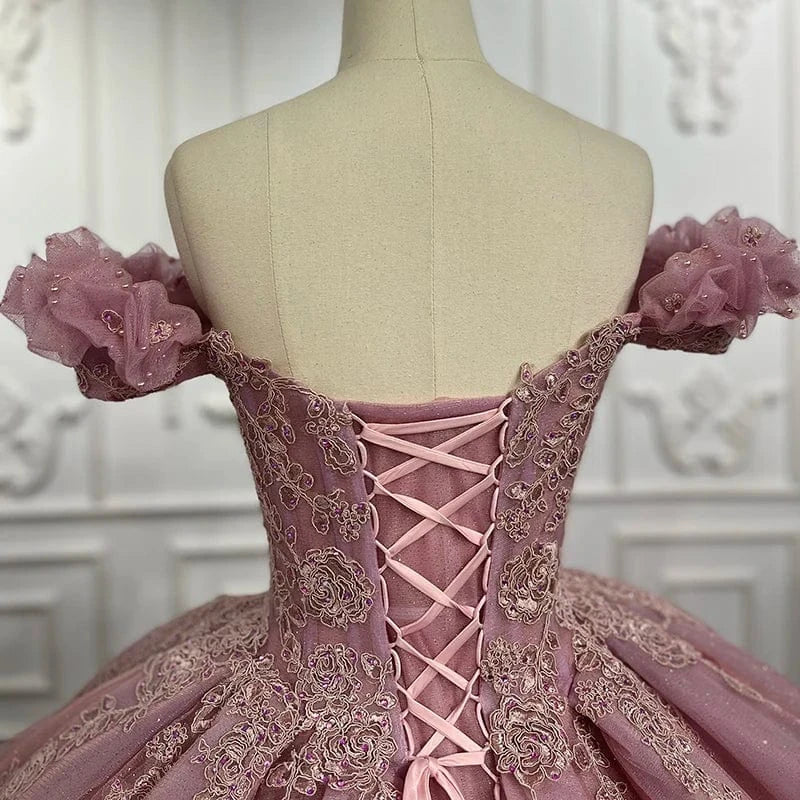 Princess Pink Off Shoulder Lace Plus Size Prom Bridal Evening Dresses Jancember 9932-1