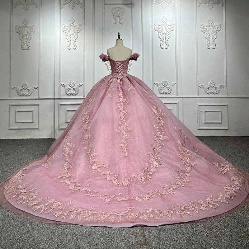 Princess Pink Off Shoulder Lace Plus Size Prom Bridal Evening Dresses Jancember 9932-1