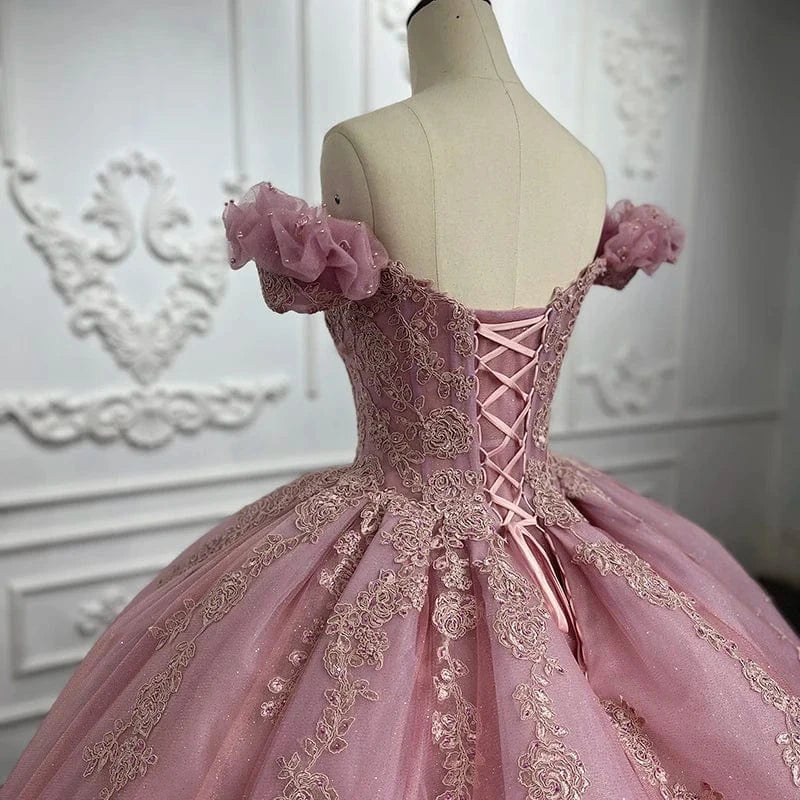 Princess Pink Off Shoulder Lace Plus Size Prom Bridal Evening Dresses Jancember 9932-1