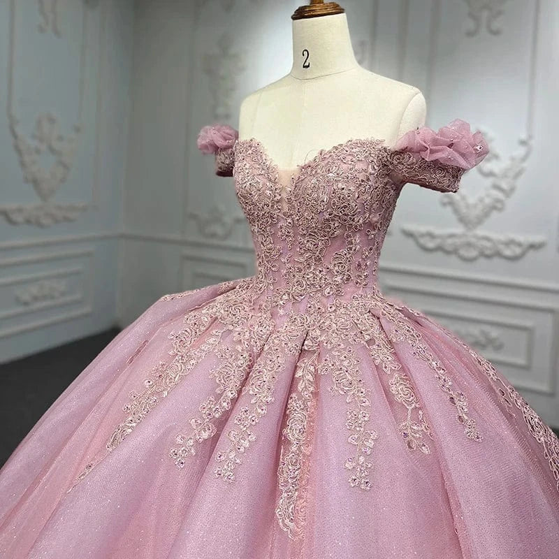 Princess Pink Off Shoulder Lace Plus Size Prom Bridal Evening Dresses Jancember 9932-1