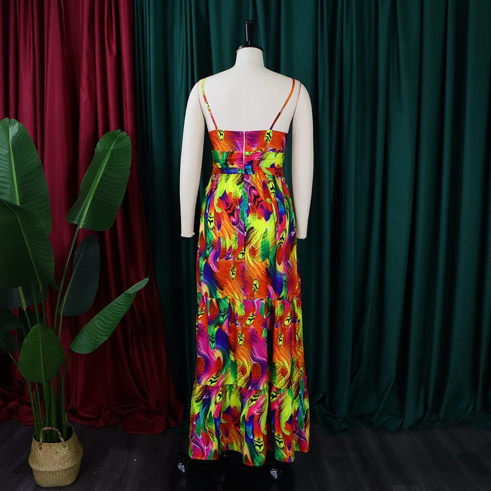 Printed Long Spaghetti Strap Beach Summer Hollow Out Female Casual Dress