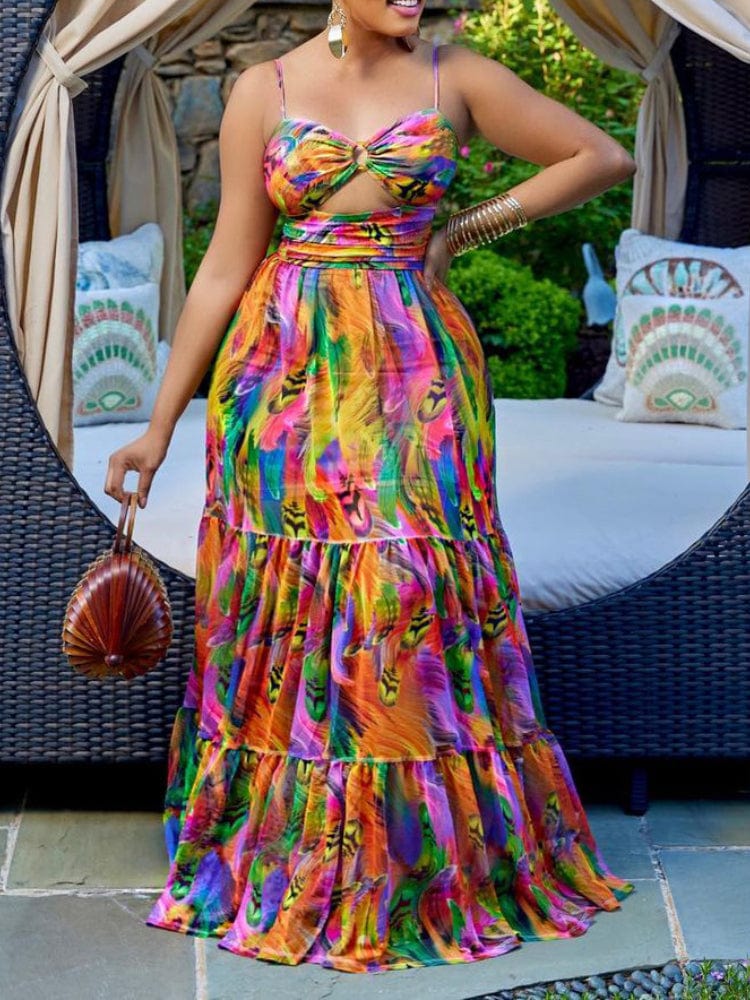 Printed Long Spaghetti Strap Beach Summer Hollow Out Female Casual Dress