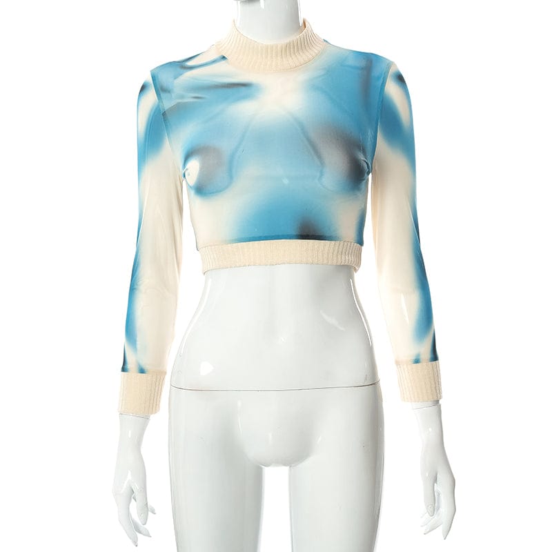 Printed Pullover Top Long Sleeve High Neck Navel Crop Women's Slim Casual Top