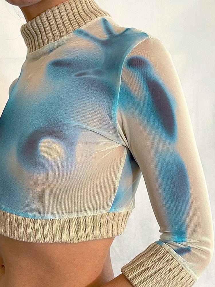 Printed Pullover Top Long Sleeve High Neck Navel Crop Women's Slim Casual Top