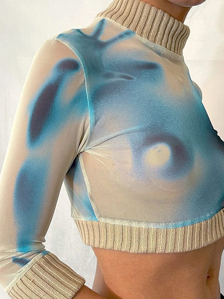 Printed Pullover Top Long Sleeve High Neck Navel Crop Women's Slim Casual Top