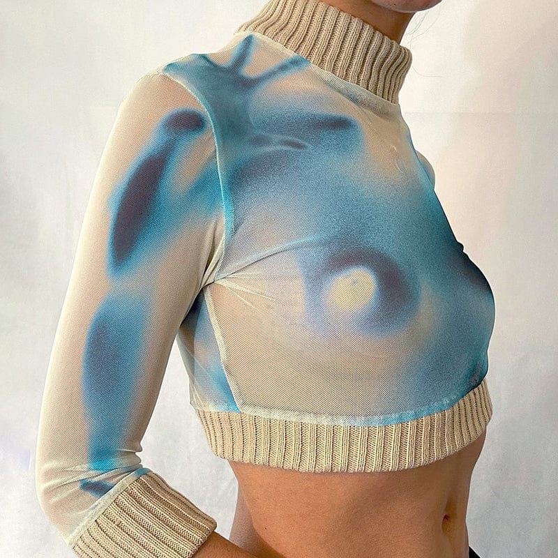 Printed Pullover Top Long Sleeve High Neck Navel Crop Women's Slim Casual Top