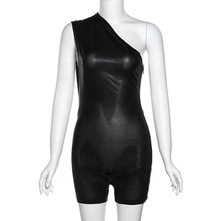 Pu Faux Leather Y2K Clothes One Shoulder Sleeveless Backless Bodycon Skinny Playsuit For Women Club Streetwear Romper